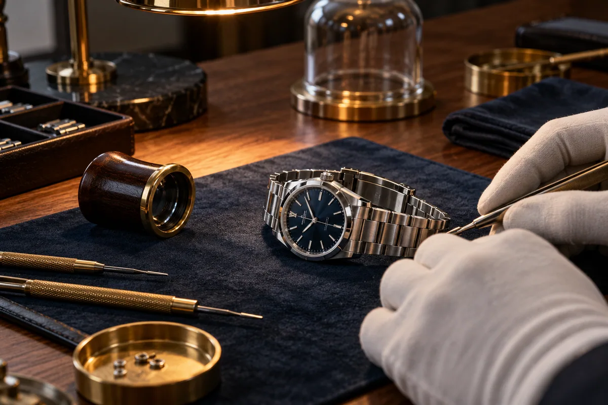 Gloved hands checking a steel watch on a desk beside a loupe
